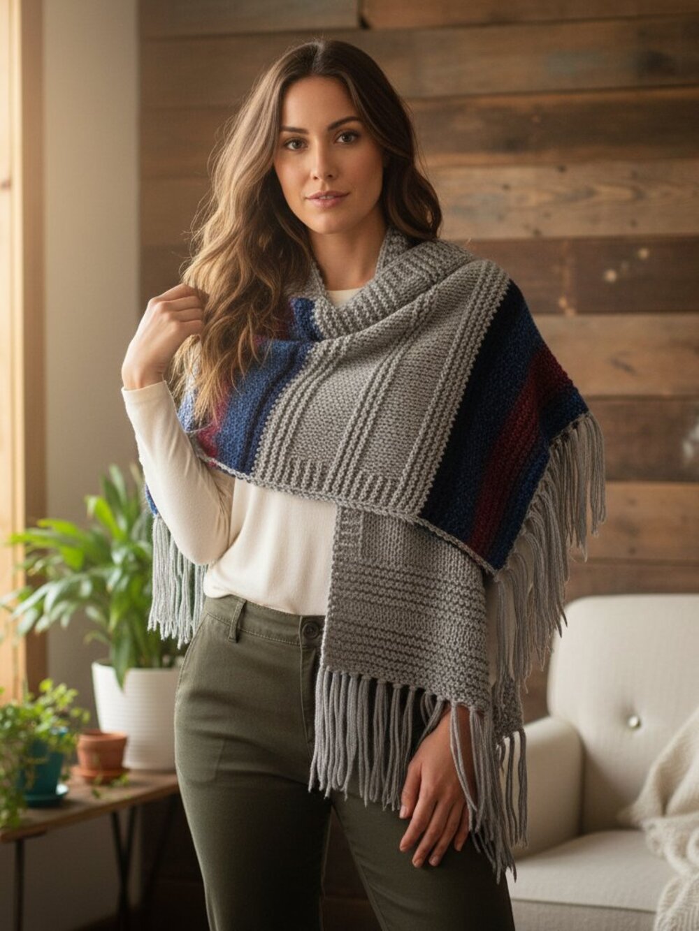 NEW Gray Blue Burgundy Multi Hand Knit Shawl Wrap Boho Hippie Indie Festival